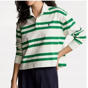 Polo Ralph Lauren Womens Large Green White Striped Rugby Shirt Long Sleeve Pony